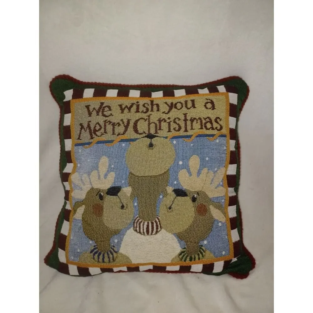 VTG Square Merry Christmas Tapestry Reindeer Pillow Large Approx.‎ 16x16